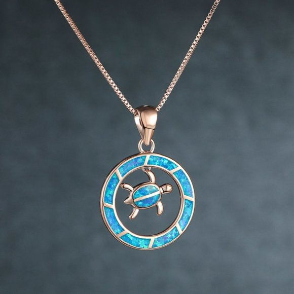 Blue Opal Sea Turtle Circle Rose Gold Necklace - Picture 4 of 7